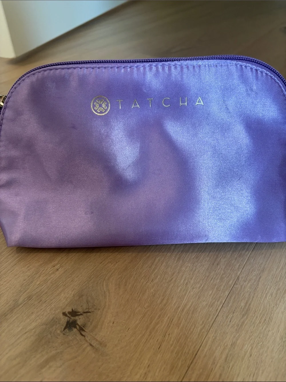 Tatcha Lavender Satin Cosmetic Case with Gold Logo